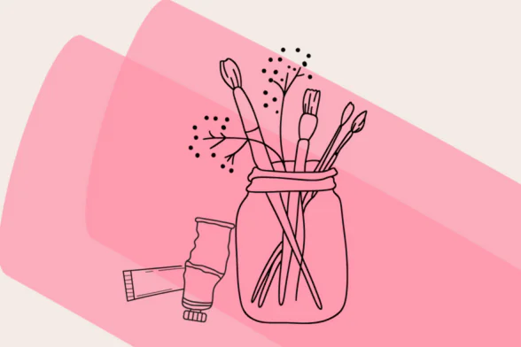 Dessin de pinceaux et de peinture dans un pot sur fond rose - Agrandir l'image, fenêtre modale