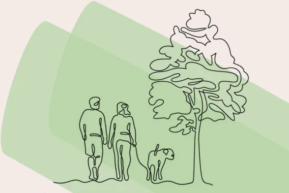 Dessin d'un couple qui promène son chien près d'un arbre sur un fond vert - Agrandir l'image, fenêtre modale