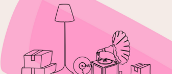 Dessin représentant des cartons, une lampe et un ancien tourne disque sur un fond rose