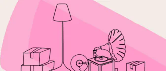 Dessin représentant des cartons, une lampe et un ancien tourne disque sur un fond rose