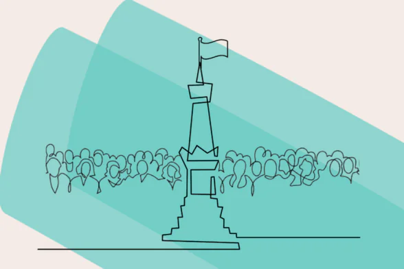 Dessin d'un monument aux morts surmonté d'un drapeau avec un foule autour sur un fond bleu - Agrandir l'image, fenêtre modale