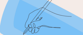 Dessin d'une main avec un crayon qui écrit sur fond bleu