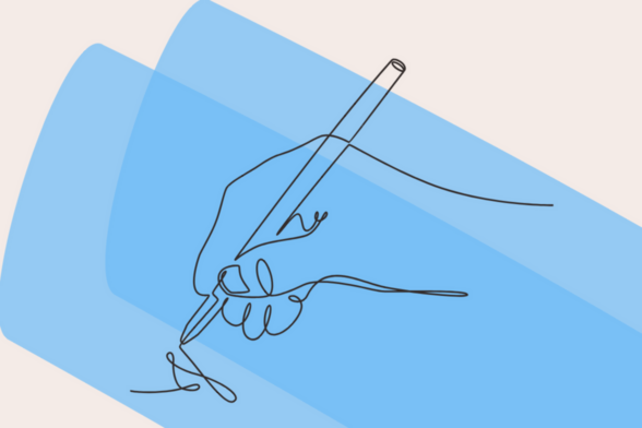 Dessin d'une main avec un crayon qui écrit sur fond bleu - Agrandir l'image, fenêtre modale