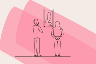 Dessin de deux personnes regardant un tableau sur fond rose