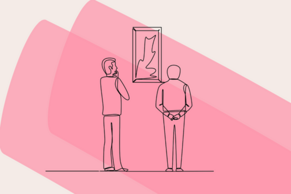 Dessin de deux personnes regardant un tableau sur fond rose - Agrandir l'image, fenêtre modale