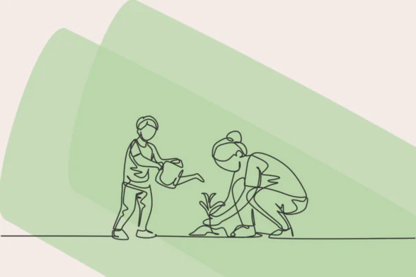 Un enfant et un adulte en train de planter et arroser une plante sur fond vert - Agrandir l'image, fenêtre modale