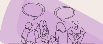 Dessin d'un groupe de personnes qui discute sur fond violet