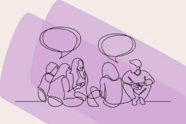 Dessin d'un groupe de personnes qui discute sur fond violet