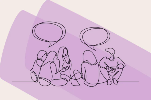 Dessin d'un groupe de personnes qui discute sur fond violet - Agrandir l'image, fenêtre modale