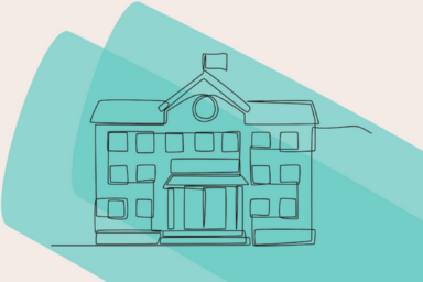 Dessin d'une mairie surmontée d'un drapeau sur un fond bleu