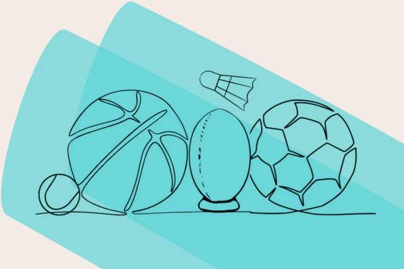 Dessin avec une balle de tennis, des ballons de foot, basket, rugby et un volant de badminton sur fond bleu - Agrandir l'image, fenêtre modale