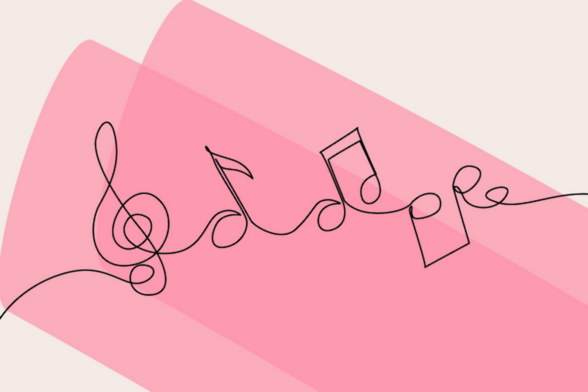 Dessin d'une clé de sol et de 3 notes de musique sur fond rose - Agrandir l'image, fenêtre modale