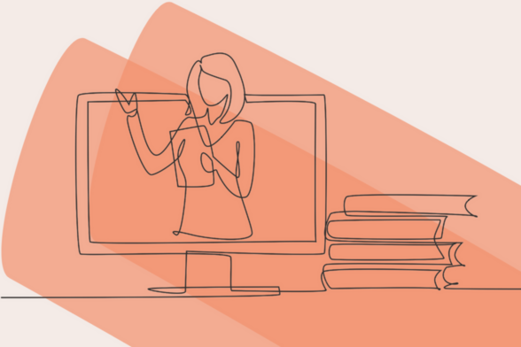 Dessin d'un ordinateur, une conférencière et d'un tas de livres sur fond orange - Agrandir l'image, fenêtre modale