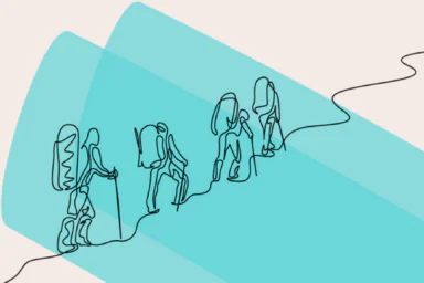 Dessin de 4 personnes qui fond de la randonnée dans la montagne sur fond bleu