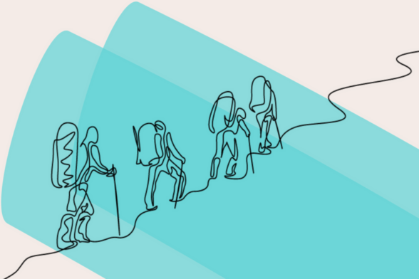 Dessin de 4 personnes qui fond de la randonnée dans la montagne sur fond bleu - Agrandir l'image, fenêtre modale