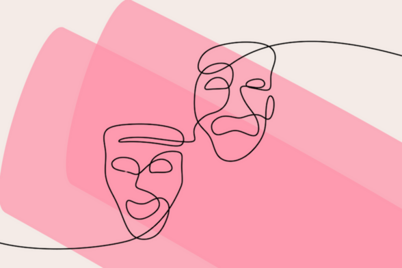 Dessin de deux masques sur fond rose - Agrandir l'image, fenêtre modale