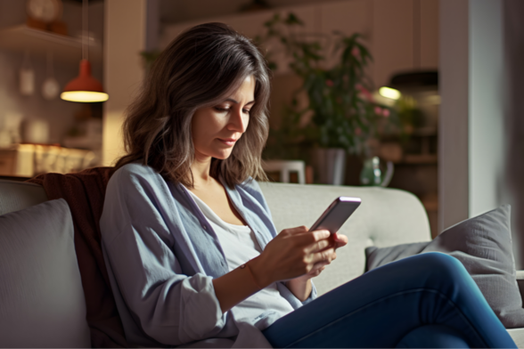 Photo d'une femme qui regarde son smartphone assise sur son canapé. - Agrandir l'image, fenêtre modale