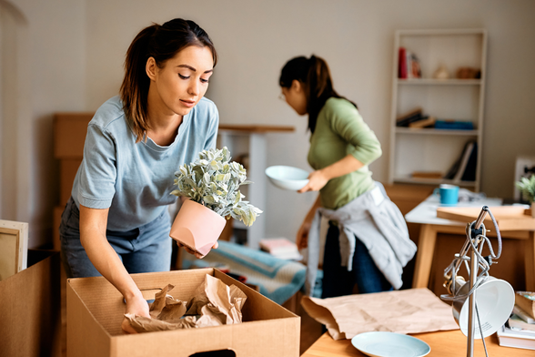 Photo de deux femmes qui vident des cartons de déménagement dans une maison. - Agrandir l'image, fenêtre modale