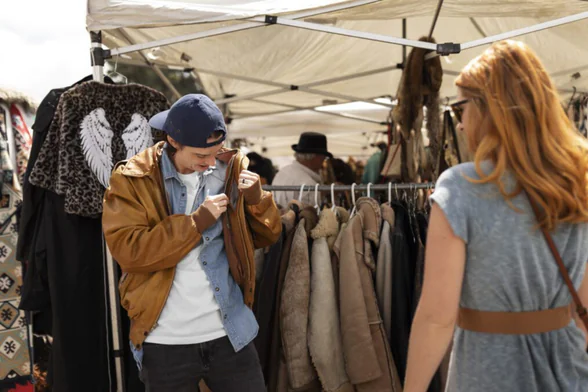 Photo d'un homme qui essaye une veste sur un marché en extérieur. - Agrandir l'image, fenêtre modale