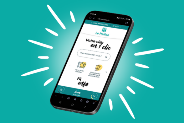 Téléphone scintillant qui montre le nouveau site internet de la ville du Haillan - Agrandir l'image, fenêtre modale