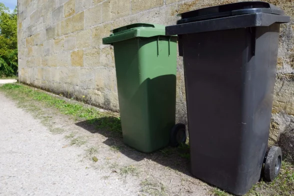 Une poubelle verte et une poubelle noire sont côte à côte - Agrandir l'image, fenêtre modale