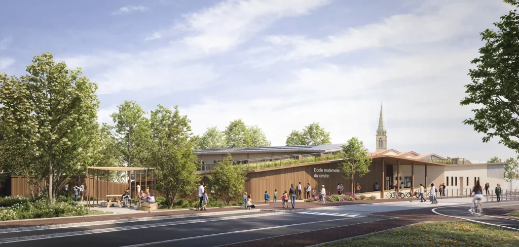 Il s'agit d'une image d'architecte présentant la future école maternelle du centre du Haillan. Le bâtiment affiche une architecture moderne et durable, avec des façades en bois naturel qui se fondent harmonieusement dans un environnement verdoyant. - Agrandir l'image, fenêtre modale