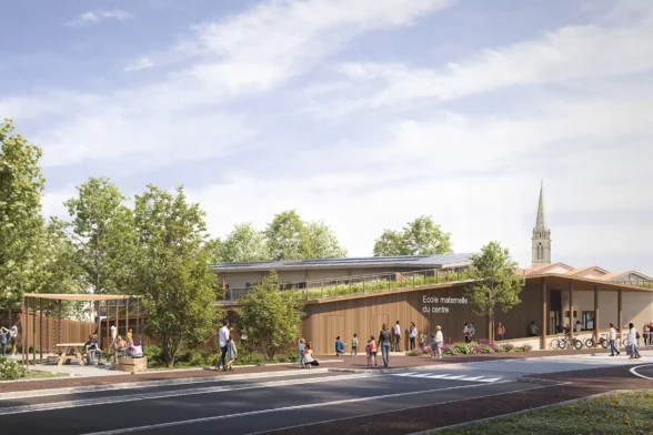 Il s'agit d'une image d'architecte présentant la future école maternelle du centre du Haillan. Le bâtiment affiche une architecture moderne et durable, avec des façades en bois naturel qui se fondent harmonieusement dans un environnement verdoyant. - Agrandir l'image, fenêtre modale